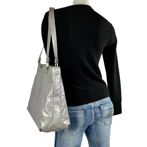 Vintage 90s metallic silver coated canvas, lined maxi tote bag 12" x 13" - Picture 2 of 9